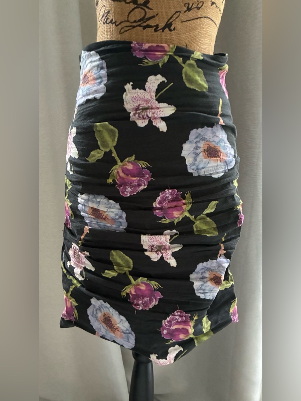 Floral Ruched Pencil Skirt - Black with Purple & Blue Flowers